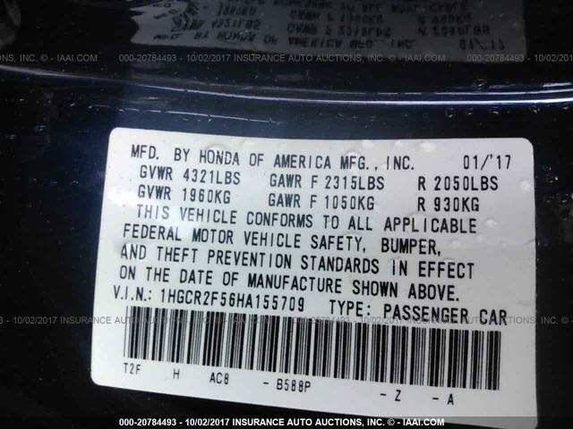 1HGCR2F56HA155709 - 2017 HONDA ACCORD SPORT 蓝色 照片 9