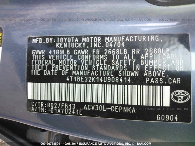 4T1BE32K14U908414 - 2004 TOYOTA CAMRY LE/XLE/SE ლურჯი ფოტო 9