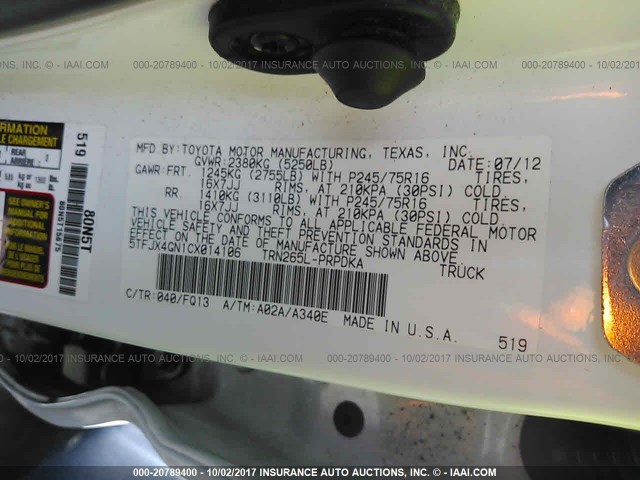 5TFJX4GN1CX014106 - 2012 TOYOTA TACOMA DOUBLE CAB თეთრი ფოტო 9