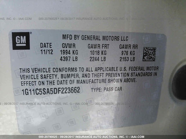 1G11C5SA5DF223662 - 2013 CHEVROLET MALIBU 1LT 金色 照片 9