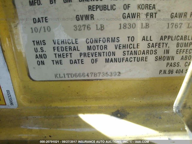 KL1TD66647B735392 - 2007 CHEVROLET AVEO LS YELLOW photo 9