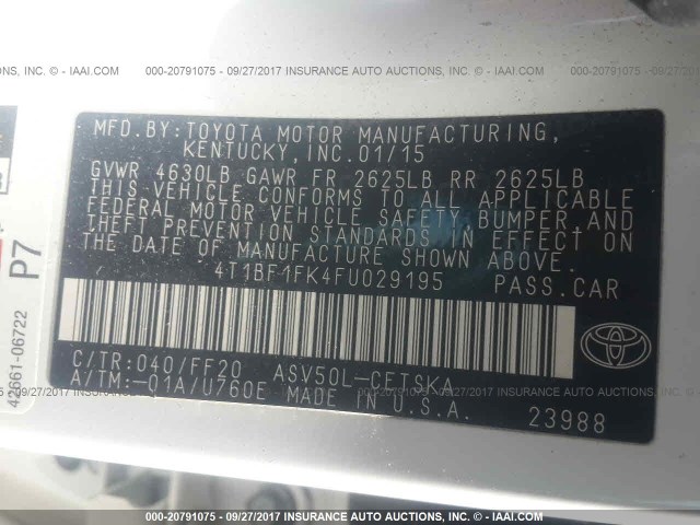 4T1BF1FK4FU029195 - 2015 TOYOTA CAMRY LE/XLE/SE/XSE 白色 照片 9