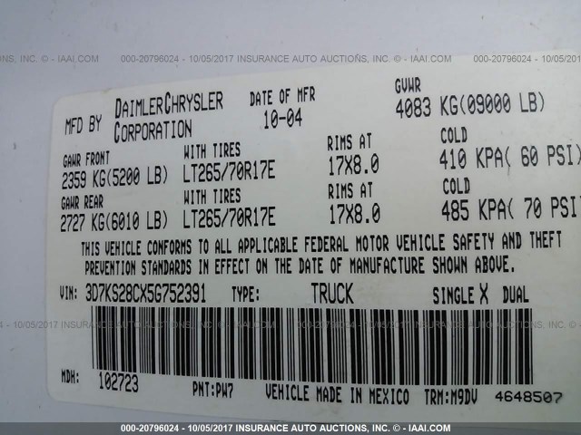 3D7KS28CX5G752391 - 2005 DODGE RAM 2500 ST/SLT 白色 照片 9