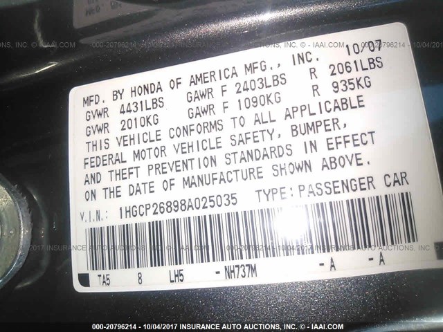 1HGCP26898A025035 - 2008 HONDA ACCORD EXL GRAY photo 9