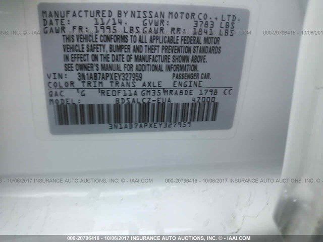 3N1AB7APXEY327959 - 2014 NISSAN SENTRA S/SV/SR/SL WHITE photo 9