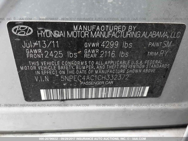 5NPEC4AC1CH332372 - 2012 HYUNDAI SONATA SE/LIMITED SILVER photo 9