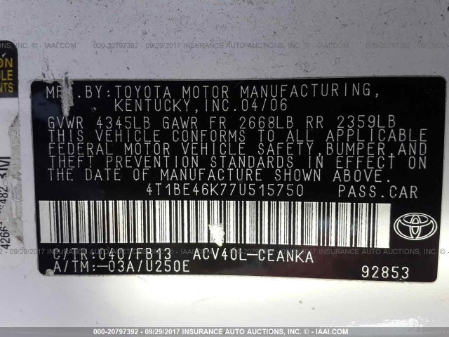 4T1BE46K77U515750 - 2007 TOYOTA CAMRY NEW GENERAT CE/LE/XLE/SE WHITE photo 9