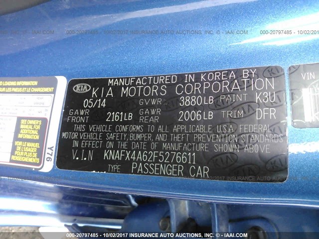 KNAFX4A62F5276611 - 2015 KIA FORTE LX BLUE photo 9