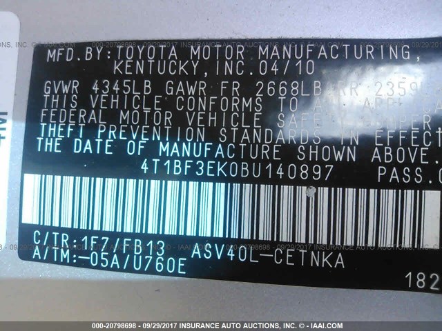 4T1BF3EK0BU140897 - 2011 TOYOTA CAMRY SE/LE/XLE SILVER photo 9