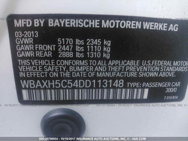 WBAXH5C54DD113148 - 2013 BMW 528 XI WHITE photo 9