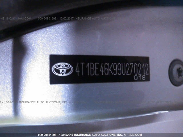 4T1BE46K99U270212 - 2009 TOYOTA CAMRY SE/LE/XLE SILVER photo 9