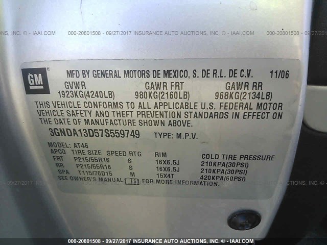 3GNDA13D57S559749 - 2007 CHEVROLET HHR LS ვერცხლისფერი ფოტო 9