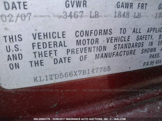 KL1TD566X7B147765 - 2007 CHEVROLET AVEO LS RED photo 9