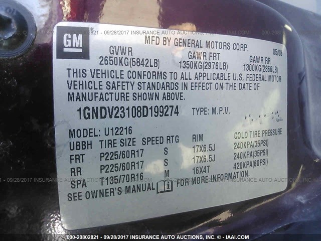 1GNDV23108D199274 - 2008 CHEVROLET UPLANDER LS Շագանակագույն լուսանկար 9