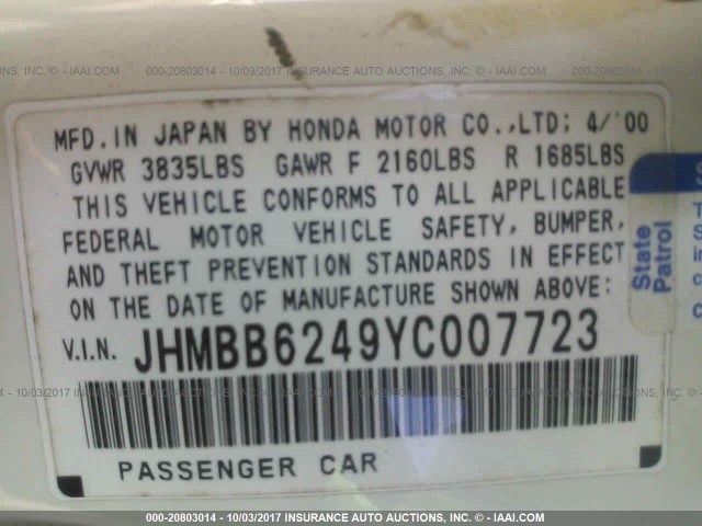 JHMBB6249YC007723 - 2000 HONDA PRELUDE WHITE photo 9