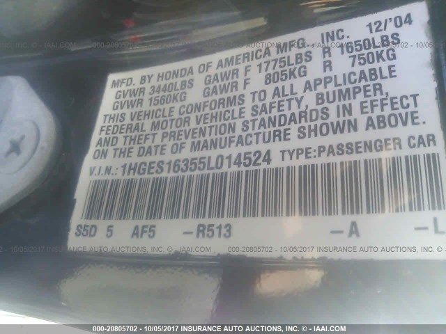 1HGES16355L014524 - 2005 HONDA CIVIC DX VP BLACK photo 9