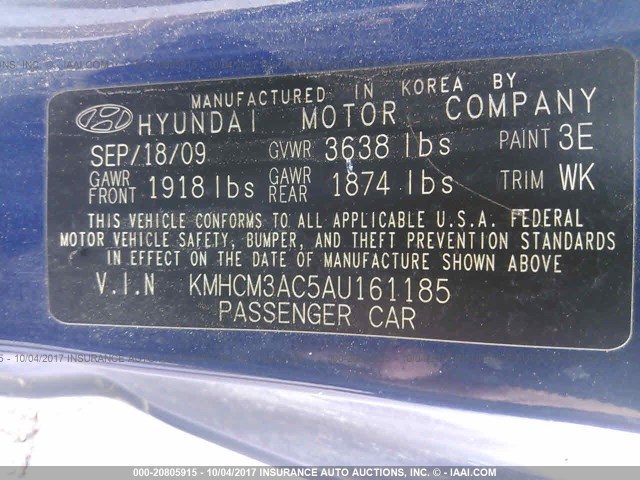 KMHCM3AC5AU161185 - 2010 HYUNDAI Accent BLUE/GS BLUE photo 9