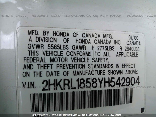 2HKRL1858YH542904 - 2000 HONDA ODYSSEY LX WHITE photo 9