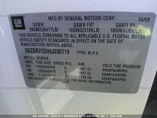 5GZER23D99J206719 - 2009 SATURN OUTLOOK XR თეთრი ფოტო 9