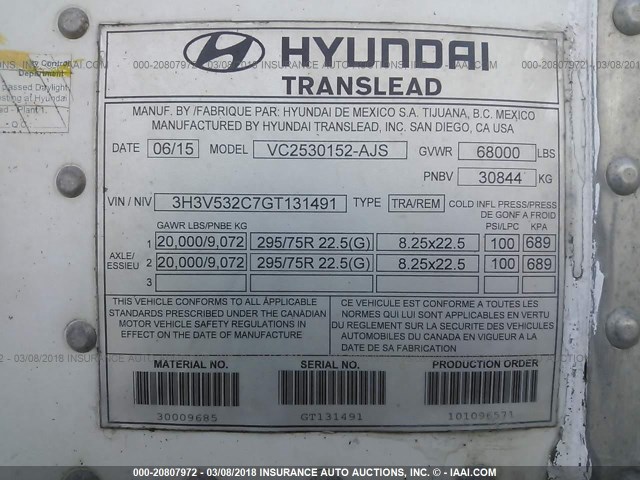 3H3V532C7GT131491 - 2016 HYUNDAI STEEL INDUSTRIES DRY VAN  WHITE photo 9
