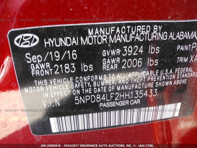 5NPD84LF2HH135433 - 2017 HYUNDAI ELANTRA SE/VALUE/LIMITED RED photo 9