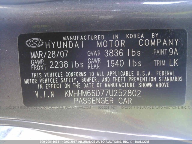 KMHHM66D77U252802 - 2007 HYUNDAI TIBURON GS GRAY photo 9