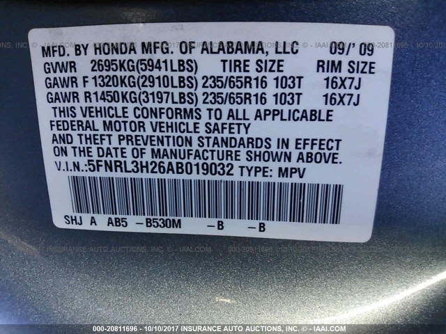 5FNRL3H26AB019032 - 2010 HONDA ODYSSEY LX BLUE photo 9