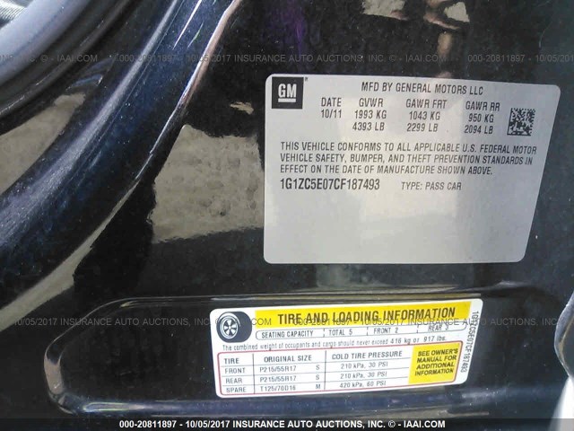 1G1ZC5E07CF187493 - 2012 CHEVROLET MALIBU 1LT 黑色 照片 9