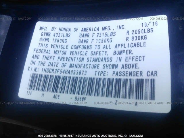1HGCR2F54HA093873 - 2017 HONDA ACCORD SPORT 蓝色 照片 9