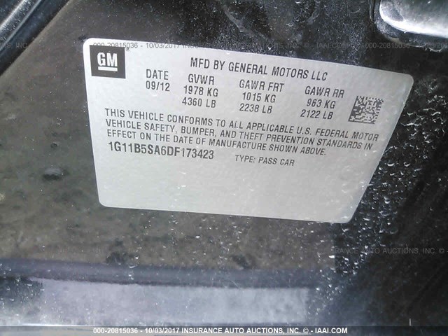 1G11B5SA6DF173423 - 2013 CHEVROLET MALIBU LS 黑色 照片 9