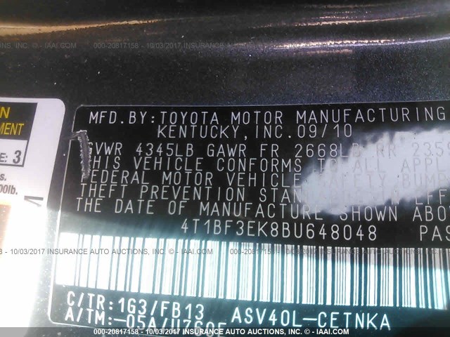 4T1BF3EK8BU648048 - 2011 TOYOTA CAMRY SE/LE/XLE Серый фото 9