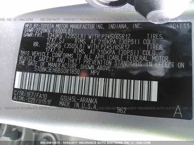 5TDBK3EH6BS081850 - 2011 TOYOTA HIGHLANDER SE GRAY photo 9