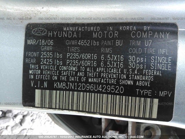 KM8JN12D96U429520 - 2006 HYUNDAI TUCSON GLS/LIMITED BLUE photo 9