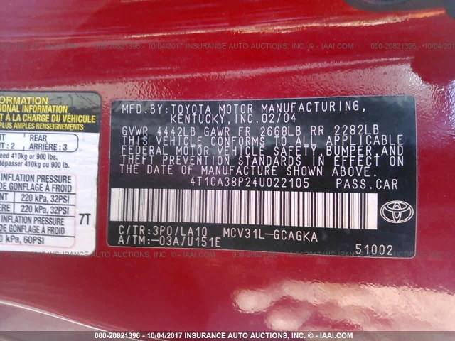 4T1CA38P24U022105 - 2004 TOYOTA CAMRY SOLARA SE/SLE Qırmızı foto 9