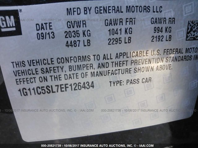 1G11C5SL7EF126434 - 2014 CHEVROLET MALIBU 1LT BLACK photo 9