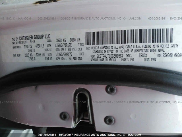 3C6TR4JT1DG580564 - 2013 RAM 2500 SLT WHITE photo 9