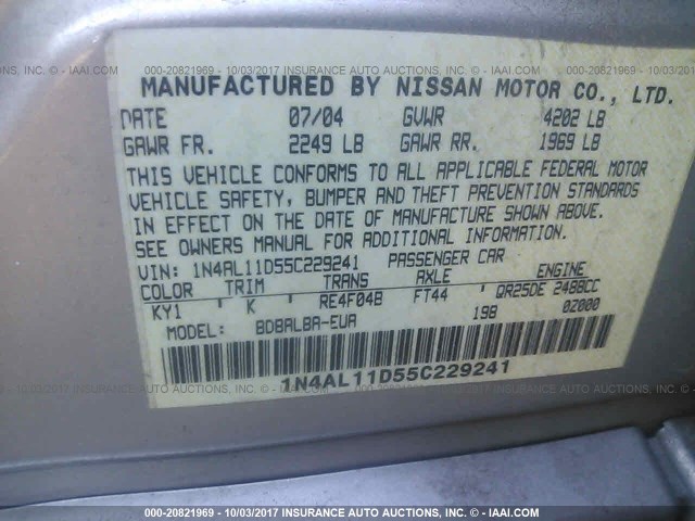 1N4AL11D55C229241 - 2005 NISSAN ALTIMA S/SL GRAY photo 9