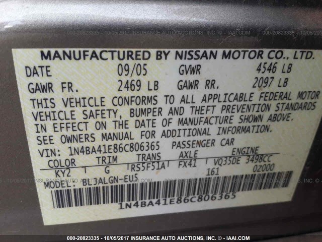 1N4BA41E86C806365 - 2006 NISSAN MAXIMA SE/SL TAN photo 9