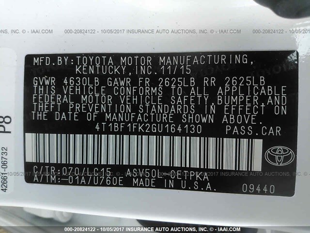 4T1BF1FK2GU164130 - 2016 TOYOTA CAMRY LE/XLE/SE/XSE WHITE photo 9
