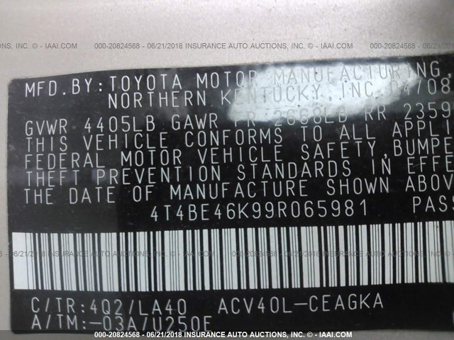 4T4BE46K99R065981 - 2009 TOYOTA CAMRY SE/LE/XLE GOLD photo 8