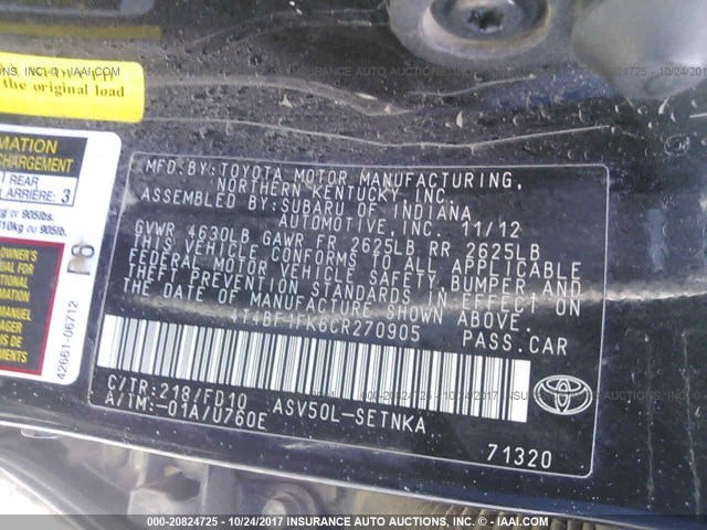 4T4BF1FK6CR270905 - 2012 TOYOTA CAMRY SE/LE/XLE 白色 照片 9