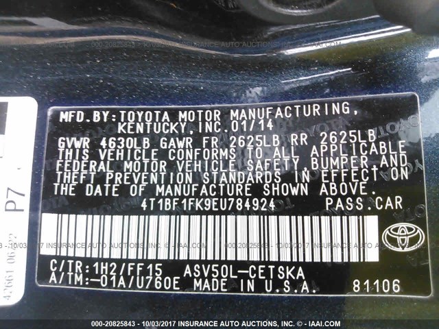 4T1BF1FK9EU784924 - 2014 TOYOTA CAMRY L/SE/LE/XLE Qara foto 9