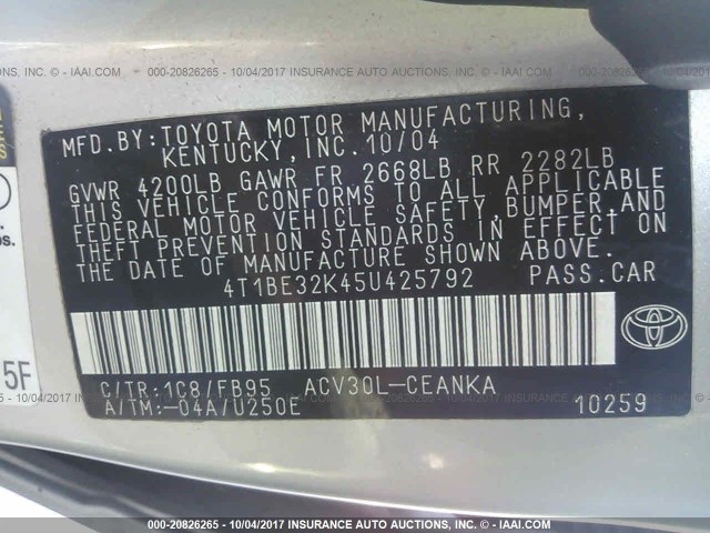 4T1BE32K45U425792 - 2005 TOYOTA CAMRY LE/XLE/SE 银色 照片 9