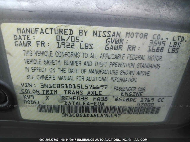 3N1CB51D15L576697 - 2005 NISSAN SENTRA 1.8/1.8S GRAY photo 9