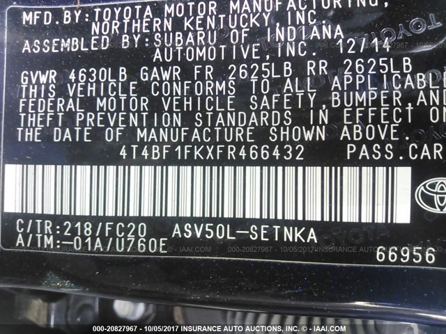4T4BF1FKXFR466432 - 2015 TOYOTA CAMRY LE/XLE/SE/XSE BLACK photo 9