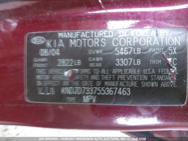 KNDJD733755367463 - 2005 KIA SORENTO EX/LX MAROON photo 9