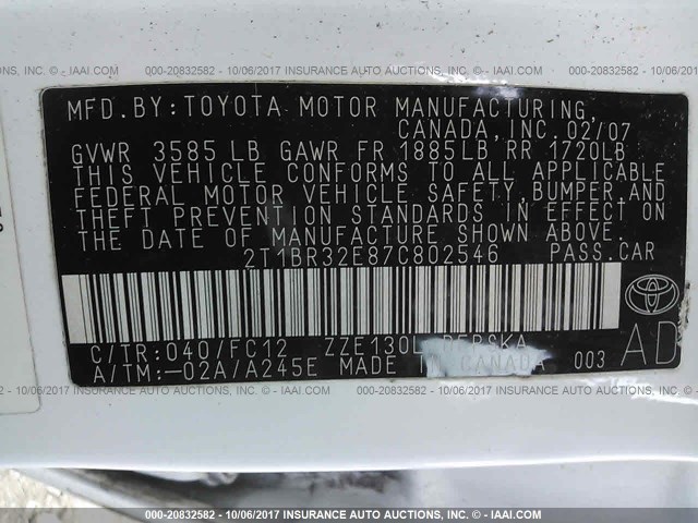 2T1BR32E87C802546 - 2007 TOYOTA COROLLA CE/LE/S WHITE photo 9