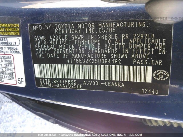 4T1BE32K25U084182 - 2005 TOYOTA CAMRY LE/XLE/SE ლურჯი ფოტო 9