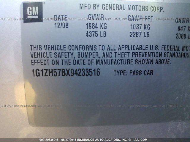 1G1ZH57BX94233516 - 2009 CHEVROLET MALIBU 1LT SILVER photo 9