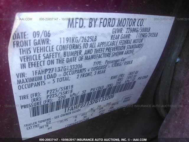 1FAHP27137G133206 - 2007 FORD FIVE HUNDRED SEL Unknown photo 9